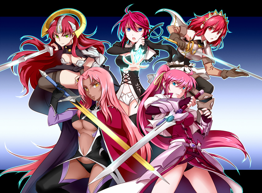 5girls :o :| ahoge armor armpits bad_id bad_pixiv_id bare_shoulders belt bikini_armor black_legwear black_panties blue_background blue_eyes boots braid breastplate breasts bridal_gauntlets capelet cecily_cambell claudette_(queen's_blade) claudette_lord_of_thundercloud cleavage cloak closed_mouth color_connection commentary_request crop_top cropped_jacket cross-laced_clothes crossover dark-skinned_female dark_skin detached_sleeves dress faulds fighting_stance fingerless_gloves floating_hair french_braid frills gloves glowing gradient_background green_eyes grey_legwear hair_between_eyes hair_color_connection hair_ribbon headpiece highres holding holding_own_arm holding_sword holding_weapon impossible_clothes ingrid_(taimanin_murasaki) jacket lace lace-trimmed_legwear lace_trim large_breasts leaning_forward legs_apart letterboxed long_hair long_sleeves looking_at_viewer lyrical_nanoha mahou_shoujo_lyrical_nanoha multiple_crossover multiple_girls navel no_bra open_clothes open_jacket oribe_mafuyu outline outstretched_arm panties pantyshot parted_lips pauldrons pelvic_curtain pink_hair ponytail puffy_long_sleeves puffy_sleeves queen's_blade rapier red_eyes red_hair revealing_clothes reverse_grip ribbon seiken_no_blacksmith seikon_no_qwaser serious short_hair short_shorts shorts shoulder_armor shumai_(sm318) sidelocks signum skirt standing string_panties sword taimanin_(series) taimanin_asagi taimanin_murasaki thighhighs tiara trait_connection turtleneck underboob underwear v-shaped_eyebrows vambraces very_long_hair weapon yellow_eyes zettai_ryouiki