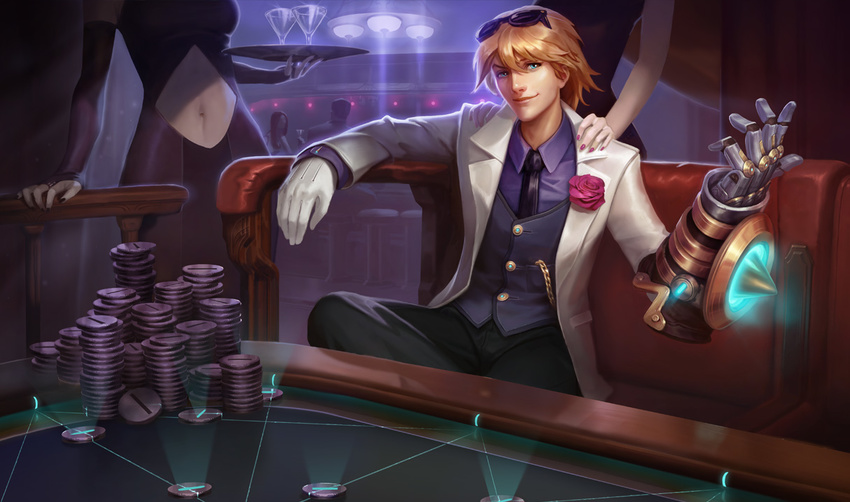 1boy 2girls blonde_hair blue_eyes chains debonair_ezreal eyewear_on_head ezreal flower gauntlets gloves league_of_legends looking_at_viewer multiple_girls necktie official_art photoshop_(medium) rose single_gauntlet single_glove sitting solo_focus sunglasses tuxedo vest white_gloves