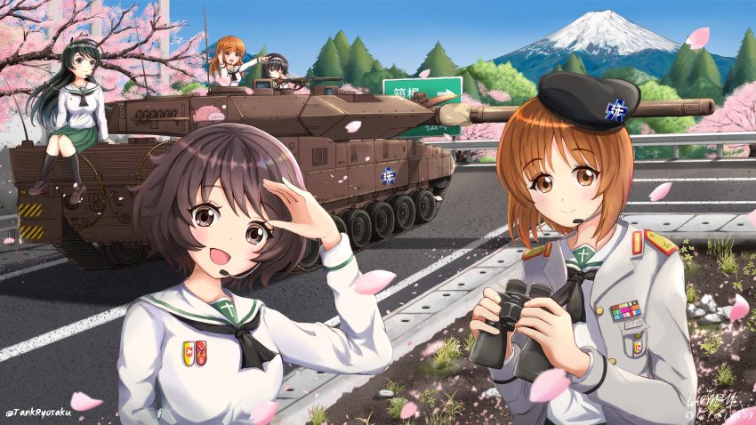 5girls absurdres akiyama_yukari anglerfish bad_id bad_pixiv_id black_hair breasts brown_eyes brown_hair cherry_blossoms commentary day emblem fish girls_und_panzer highres isuzu_hana leopard_2 long_hair looking_at_viewer military military_vehicle miniskirt motor_vehicle mount_fuji multiple_girls nishizumi_miho ooarai_(emblem) ooarai_school_uniform open_mouth orange_hair outdoors reizei_mako road road_sign school_uniform shirt short_hair sign skirt sky smile takebe_saori tank tank_ryousaku tree