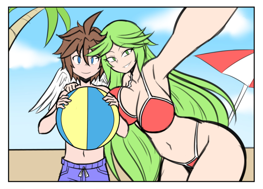 1boy 1girls age_difference angel_wings areolae beach bikini breasts brown_hair censored cleavage dress female goddess grabbing green_eyes green_hair highres huge_breasts ilustretsspoks kid_icarus larger_female long_hair male nintendo older_female palutena pit selfie short_hair sitting straight swimsuit wings younger_male