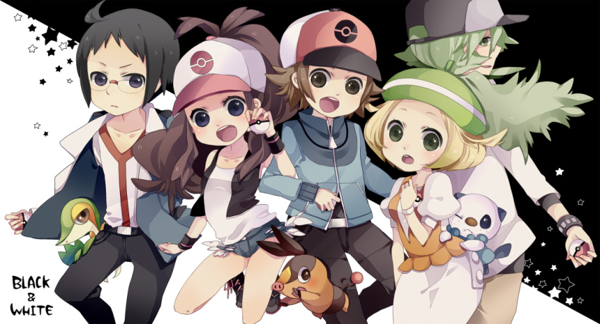 2girls 3boys :d ahoge baseball_cap bianca_(pokemon) black_hair blonde_hair blue_eyes blue_jacket breasts brown_hair cheren_(pokemon) commentary_request green_eyes hat hilbert_(pokemon) hilda_(pokemon) jacket long_hair looking_at_viewer mata multiple_boys multiple_girls n_(pokemon) open_mouth oshawott poke_ball pokemon pokemon_(creature) pokemon_bw short_hair short_shorts shorts smile snivy starter_pokemon_trio tepig