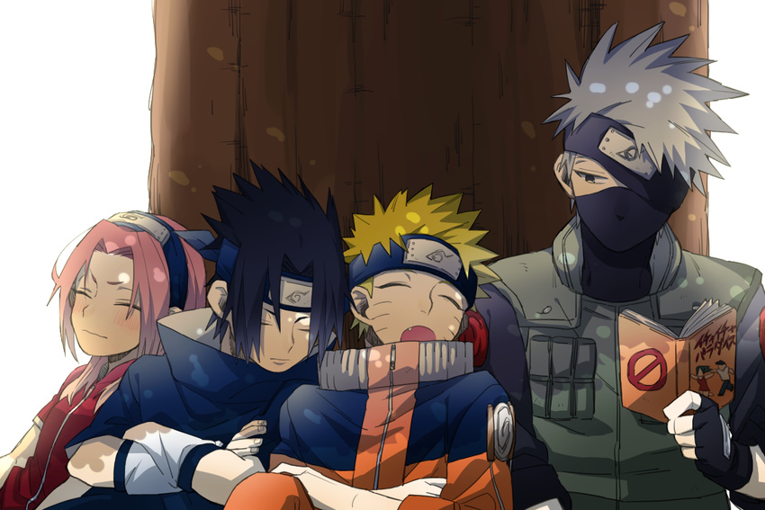 3boys against_tree bad_id bad_pixiv_id black_hair blonde_hair book closed_eyes facial_mark female forehead_protector grey_hair hatake_kakashi jomae_dayo multiple_boys naruto naruto_(series) oerba_yun_fang open_mouth pink_hair sakura_haruno shade sleeping sleeping_on_person spiked_hair tree uchiha_sasuke uzumaki_naruto whisker_markings