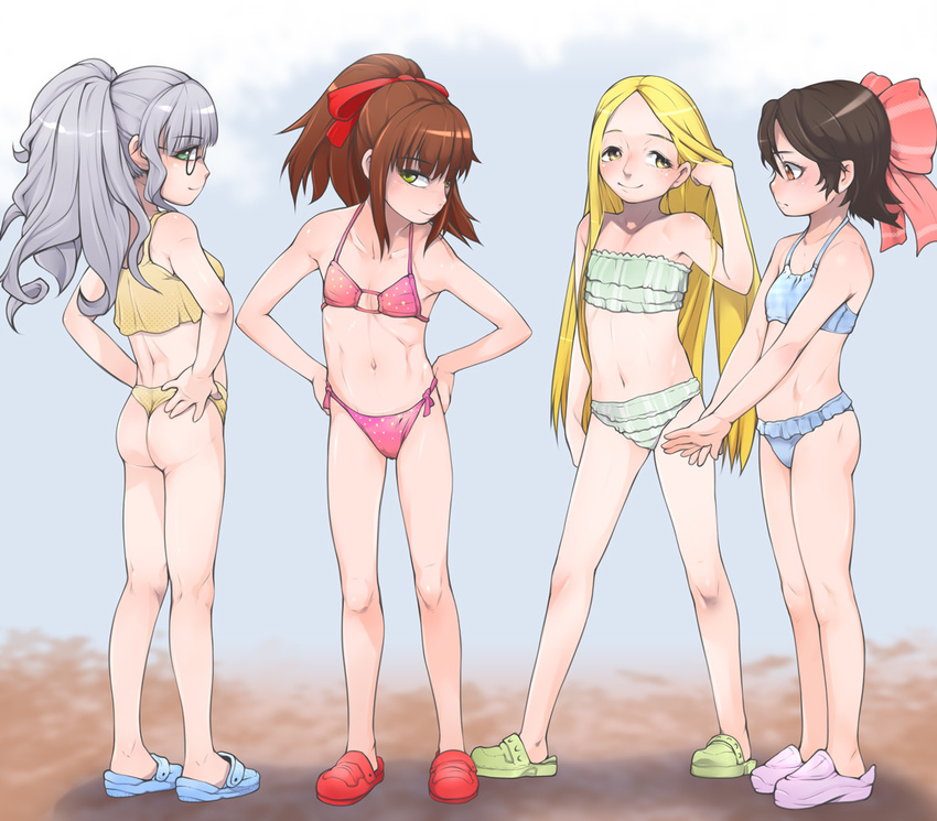 ass bangs bikini black_hair blonde_hair blunt_bangs blush borrowed_character bow brown_eyes brown_hair commentary_request crocs flat_chest glasses green_eyes hair_ribbon hairbow j7w lolicon long_hair multiple_girls navel original ponytail ribbon shoes short_hair silver_hair standing swimsuit yellow_eyes