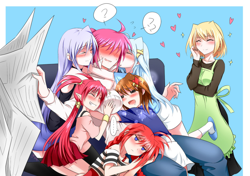 6+girls agito blonde_hair blush brown_hair couch embarrassed hair_ornament happy harem hug long_hair lyrical_nanoha mahou_shoujo_lyrical_nanoha mahou_shoujo_lyrical_nanoha_strikers mahou_shoujo_lyrical_nanoha_vivid multiple_girls newspaper open_mouth ponytail red_hair reinforce reinforce_zwei shamal signum sitting smile surprised tsundere twintails vita yagami_hayate yuri