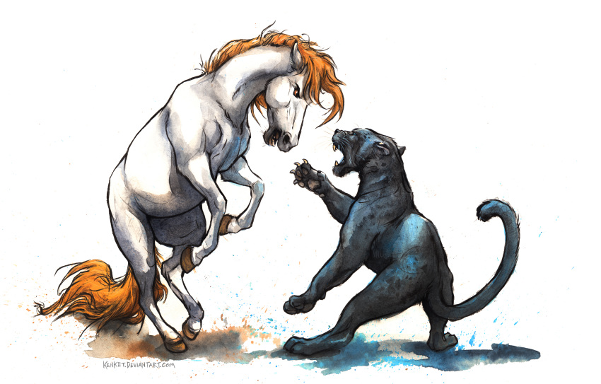 ambiguous_gender angry blue_eyes carolina_panthers claws denver_broncos duo equid equine fangs felid feral hi_res hooves horse kenket mammal nfl open_mouth orange_eyes painting_(artwork) teeth traditional_media_(artwork) watercolor_(artwork)