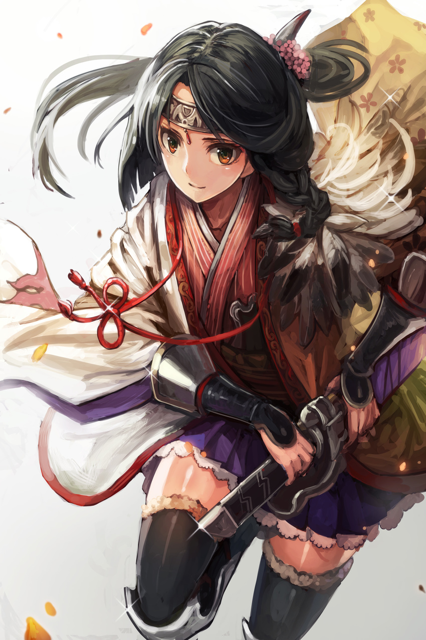 absurdres armor black_hair brown_eyes coat commentary_request feathers female flower gauntlets hair_flower hair_ornament headband highres matsumoto_mitsuaki ouka_(toukiden) photoshop_(medium) skirt smile solo sword thighhighs toukiden weapon zettai_ryouiki