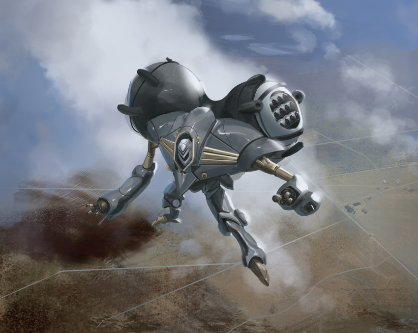 alien arm_cannon armor building chest_cannon cloud commentary_request desert energy_cannon flying freefall highres macross macross_frontier mecha meltrandi missile missile_pod mossington no_humans original perspective power_armor queadluun-rea realistic redesign road robot shiny weapon zentradi