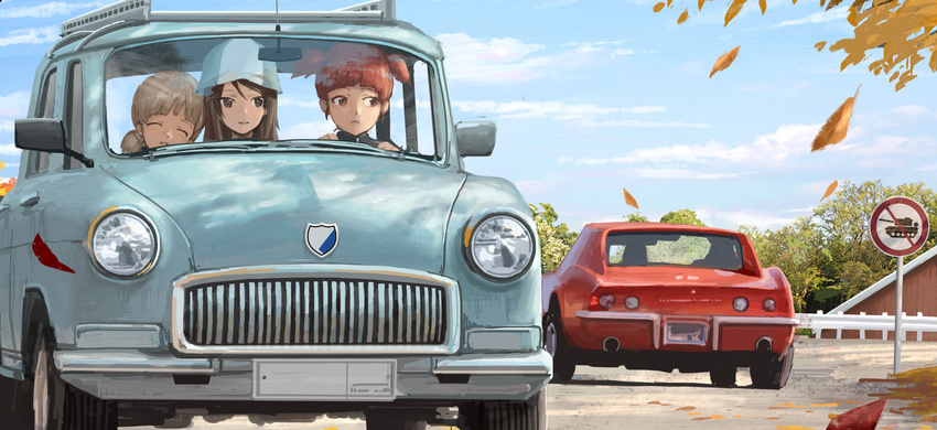 3girls aki_(girls_und_panzer) bad_id bad_twitter_id blonde_hair blue_headwear blue_sky brown_eyes brown_hair car chevrolet_corvette chevrolet_corvette_c3 closed_eyes cloud commentary_request day driving emblem gaz-21_volga girls_und_panzer hat highres keizoku_(emblem) leaf long_hair mika_(girls_und_panzer) mikko_(girls_und_panzer) motor_vehicle multiple_girls no_symbol outdoors red_eyes red_hair road road_sign short_hair short_twintails sign sky sleeping tomiya_(tomiya2117) tulip_hat twintails vehicle_focus