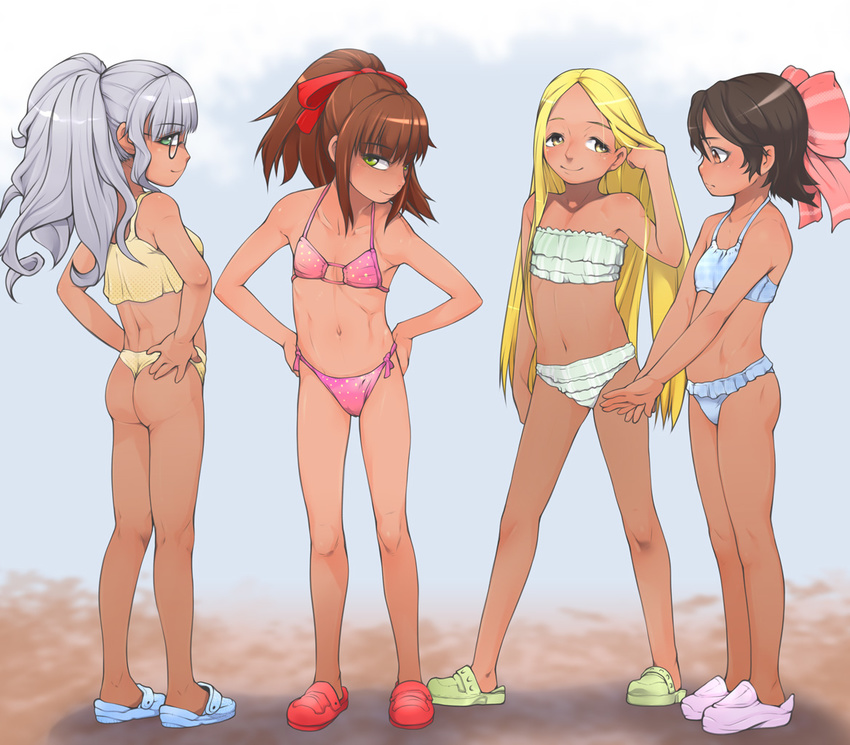 ass bangs bikini black_hair blonde_hair blunt_bangs blush borrowed_character bow brown_eyes brown_hair crocs flat_chest glasses green_eyes hair_ribbon hairbow j7w long_hair multiple_girls navel original ponytail ribbon shoes short_hair silver_hair standing swimsuit tan yellow_eyes