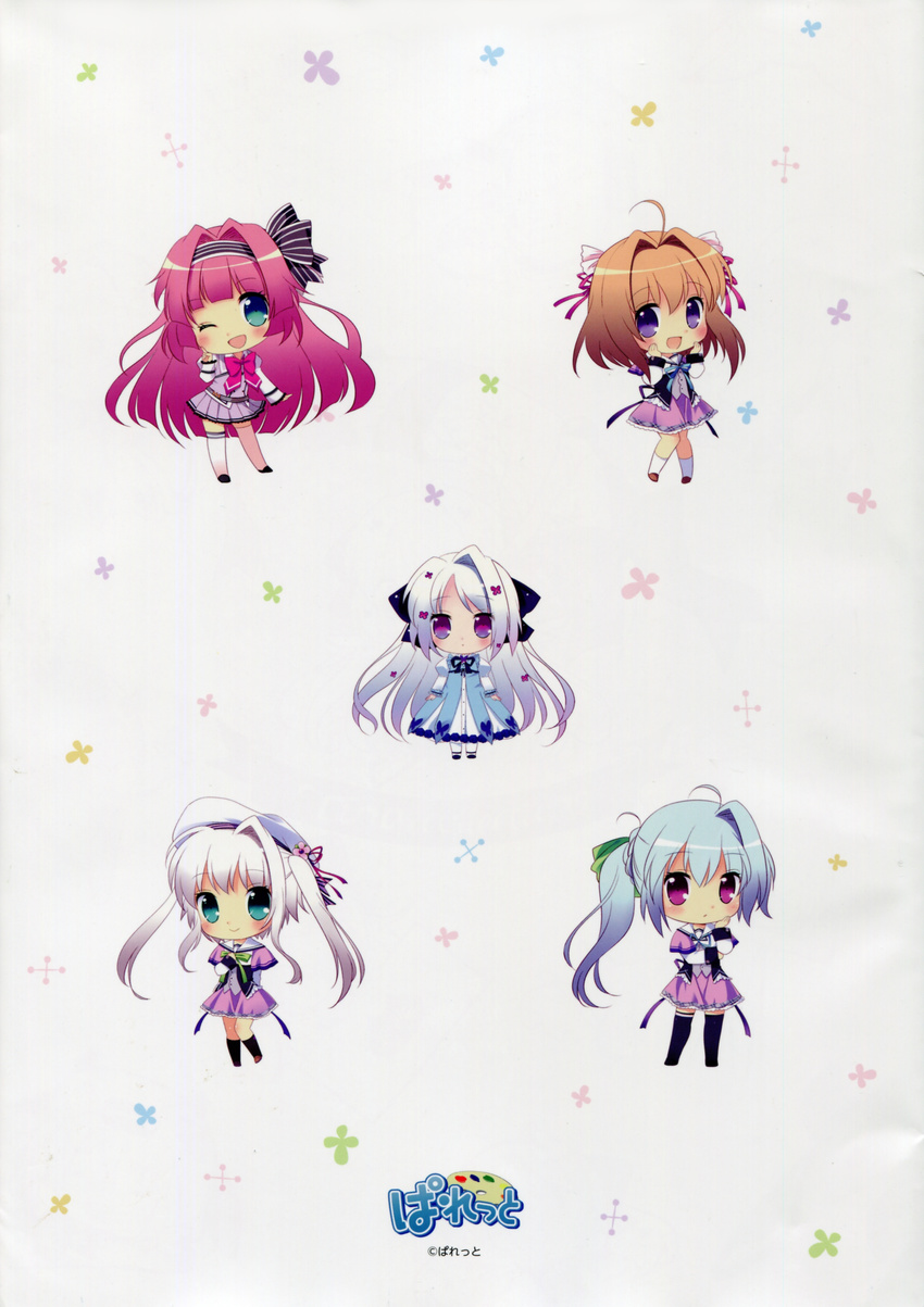 5girls :d :| absurdres ahoge asaba_konami blue_eyes blue_hair blush brown_hair chibi closed_mouth company_name dress eco floral_background floral_print hair_ornament hair_ribbon hands_on_own_cheeks hands_on_own_chest hands_on_own_face hat highres ichinose_mio_(koi_ga_saku_koro_sakura_doki) jinpou_anne koi_ga_saku_koro_sakura_doki long_hair multiple_girls one_eye_closed palette_(company) purple_eyes red_hair ribbon sailor_collar sailor_hat school_uniform short_hair side_ponytail smile socks standing thighhighs tina_(koi_ga_saku_koro_sakura_doki) tsukishima_yuuri white_hair white_socks