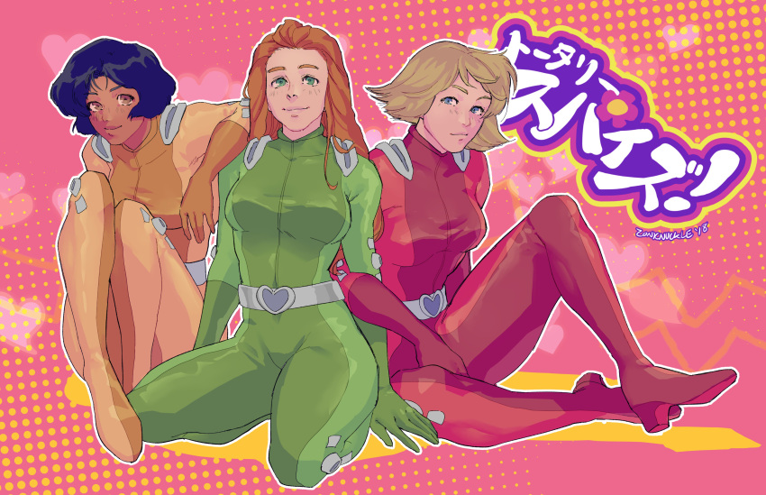 3girls absurdres alex_(totally_spies) blonde_hair blue_eyes bodysuit brown_eyes clover_(totally_spies) commentary_request flipped_hair full_body green_eyes high_heels highres locked_arms long_hair multiple_girls orange_hair sam_(totally_spies) short_hair sitting tareme totally_spies whoop_catsuit zonknuckle