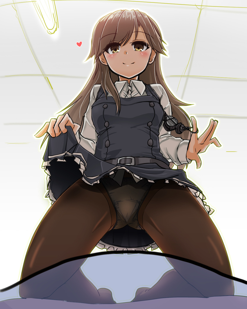 arashio_(kancolle) assertive_female black_pantyhose brown_eyes commentary_request crime_prevention_buzzer crime_prevention_buzzer_threat dress female frilled_dress frills from_below heart highres kantai_collection long_hair long_sleeves looking_at_viewer looking_down panties panties_under_pantyhose pantyhose pinafore_dress remodel_(kantai_collection) ryuuri_(aoithigo) shirt short_sleeves sleeveless sleeveless_dress smile solo straddling strap thighs underwear white_panties white_shirt yellow_eyes