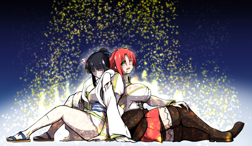 2girls black_hair blood blush boots boudica_(fate/grand_order) breasts chinese_clothes closed_eyes fate/grand_order fate_(series) green_eyes jing_ke_(fate/grand_order) large_breasts long_hair multiple_girls open_mouth ponytail red_hair sandals scar short_hair skirt smile thigh_boots