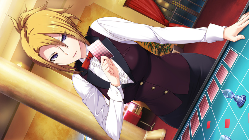 akuma_musume_no_kanban_ryouri benimura_karu blonde_hair blue_eyes bow bowtie breasts card casino chair curtains female female game_cg highres large_breasts looking_at_viewer pawn ponytail skirt solo standing window