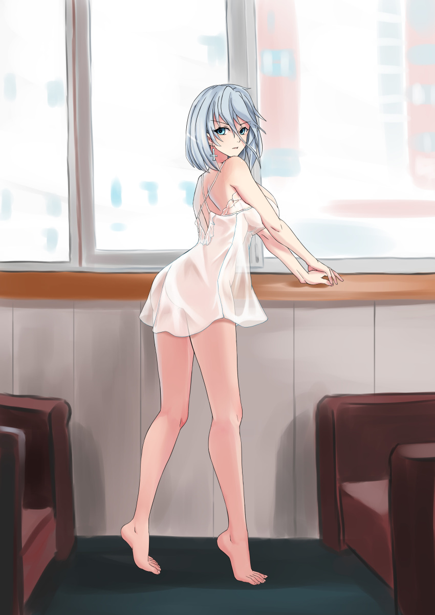 absurdres ass azur_lane bare_arms bare_legs barefoot blue_eyes body_blush breasts chair chinese_commentary closed_mouth commentary convenient_arm earrings female grey_hair hair_between_eyes highres indoors jewelry large_breasts lingerie looking_at_viewer negligee see-through solo the_hermit tiptoes tirpitz_(azur_lane) underwear window windowsill