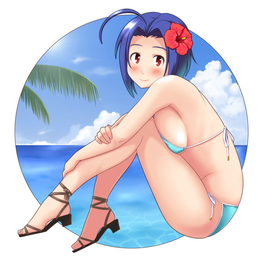 ahoge aqua_bikini bare_shoulders bikini blue_hair blush breasts cloud commentary_request day female flower from_side full_body gladiator_sandals hair_flower hair_ornament hibiscus highres idolmaster idolmaster_(classic) large_breasts miura_azusa ocean photoshop_(medium) red_eyes sandals short_hair sideboob sitting sky smile solo swimsuit toshifumi water