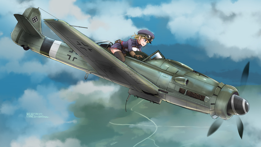 aircraft airplane aviator_girls blonde_hair blue_eyes cloud commentary dated day female flying goggles goggles_on_head goggles_on_headwear hat highres leaning_forward military military_uniform original peaked_cap short_hair signature sky solo ta_152 thighhighs tokihama_jirou uniform vehicle_focus world_war_ii zettai_ryouiki