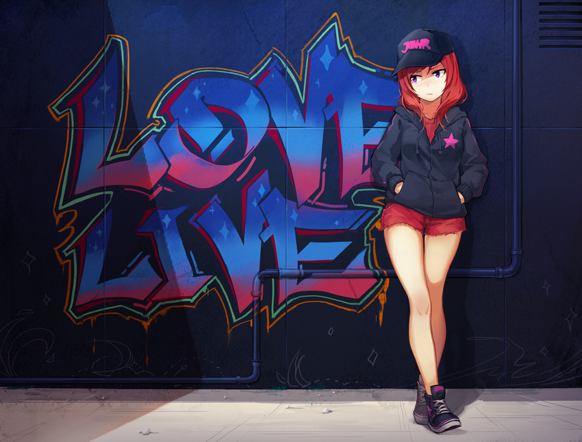 8c against_wall bad_id bad_pixiv_id bare_legs baseball_cap copyright_name cutoffs female frayed_clothes graffiti hands_in_pockets hat hood hoodie industrial_pipe jacket love_live! love_live!_school_idol_project nishikino_maki no_socks purple_eyes red_hair red_shorts shoes short_hair shorts sneakers solo standing