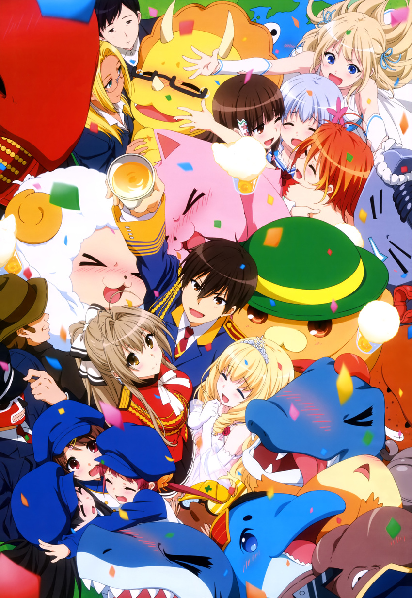 >_< 6+girls ^_^ absurdres adachi_eiko ahoge amagi_brilliant_park arm_up ashe_(amaburi) bandou_biino blonde_hair blue_hair blush brown_hair character_request chuujou_shiina closed_eyes confetti crown detached_sleeves drink glasses group_hug hair_ornament hairclip happy hat highres hug kanie_seiya koborii_(amaburi) latifa_fleuranza macaron_(amaburi) mask moffle multiple_girls muse_(amaburi) non-web_source nyantype official_art one_eye_closed red_eyes red_hair salama_(amaburi) sento_isuzu smile sylphy_(amaburi) tiramii twintails