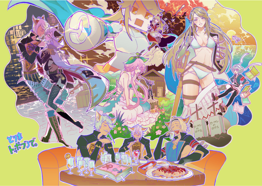 bikini commentary_request couch elsam_(granblue_fantasy) farrah_(granblue_fantasy) food freesia_(granblue_fantasy) giant giantess granblue_fantasy highres imagining jun_(nad-j) katalina_(granblue_fantasy) lowain_(granblue_fantasy) mechanization monster_girl plant_girl squid swimsuit table tears tombstone tomoi_(granblue_fantasy) vira_(granblue_fantasy) yggdrasil_(granblue_fantasy)