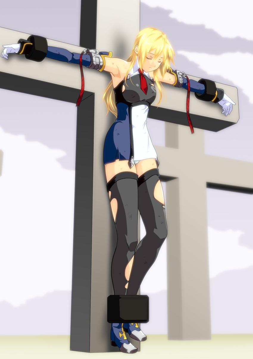 a-ru_(dn1217) absurdres armpits black_thighhighs blazblue blonde_hair commentary_request cross crucifixion detached_sleeves dress female full_body gloves highres long_hair necktie no_headwear noel_vermillion outstretched_arms panties pantyshot photoshop_(medium) restrained ryona short_dress solo spread_arms stationary_restraints thighhighs torn_clothes torn_thighhighs underwear uniform white_gloves white_panties