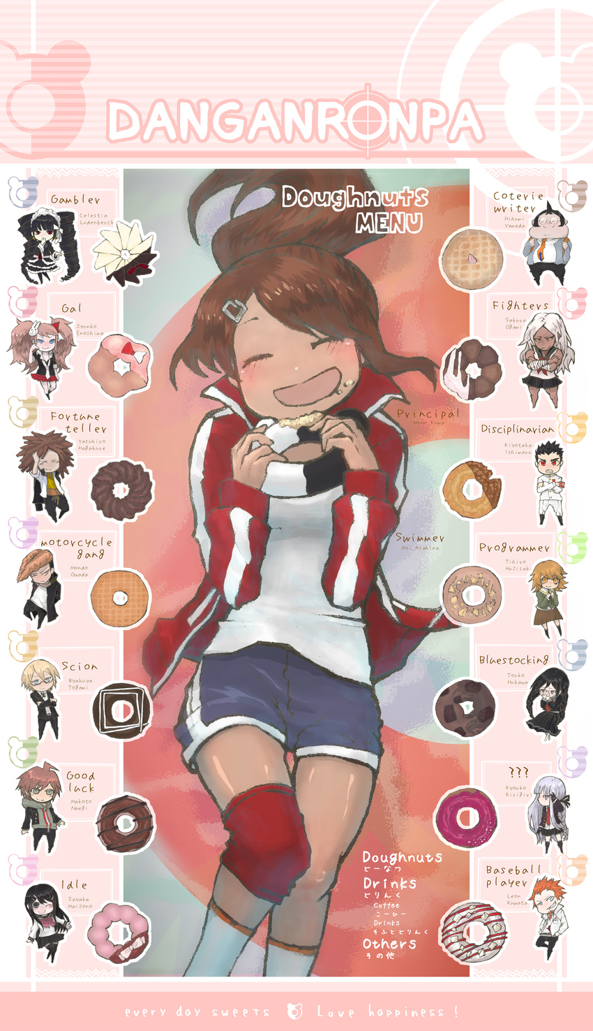 6+boys 6+girls absurdres asahina_aoi blazer blush brown_hair cast celestia_ludenberg chibi commentary danganronpa:_trigger_happy_havoc danganronpa_(series) dark_skin doughnut eating english_text engrish_text enoshima_junko everyone facial_hair food food_on_face french_cruller fujisaki_chihiro fukawa_toko goatee gothic_lolita grey_hair gym_uniform hagakure_yasuhiro hair_ornament hairclip highres ishimaru_kiyotaka jacket kiri kirigiri_kyoko kneehighs kuwata_leon leg_warmers lolita_fashion long_hair maizono_sayaka medium_hair monokuma multiple_boys multiple_girls naegi_makoto necktie ogami_sakura old-fashioned_doughnut open_mouth orange_hair owada_mondo pompadour pon_de_ring ponytail ranguage red_eyes romaji_text school_uniform short_hair sleeves_rolled_up smile socks spiked_hair sweets togami_byakuya yamada_hifumi