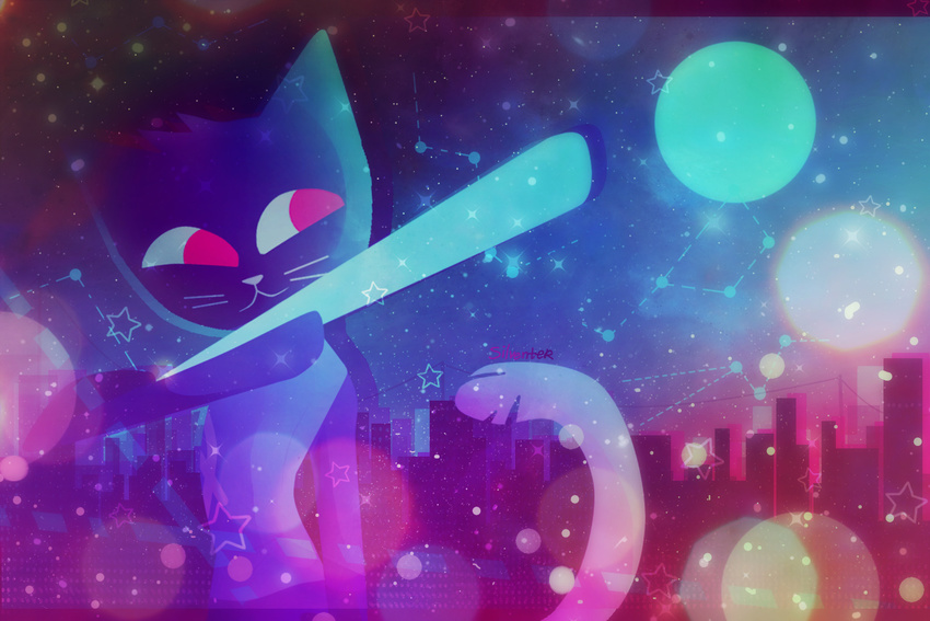 3:2 anthro baseball_bat bat_(object) city constellation detailed_background domestic_cat felid feline felis female mae_borowski mammal moon night_in_the_woods outside silventer sky solo star starry_sky