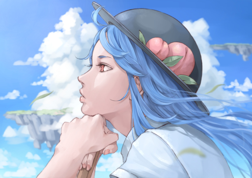 black_hat blue_hair blue_sky closed_mouth cloud cloudy_sky commentary_request day female floating_island food from_side fruit hat highres hinanawi_tenshi leaf long_hair nagi_(xx001122) peach portrait profile red_eyes shirt short_sleeves sky solo touhou white_shirt wind