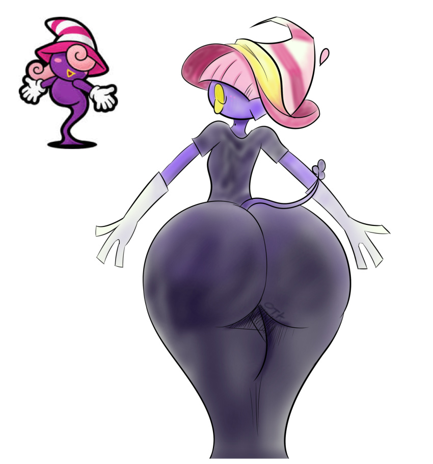 alien ami_(disambiguation) ass big_butt clothing cosplay dress female gloves handwear hat headgear headwear hi_res humanoid lips looking_at_viewer looking_back mario_bros nintendo not_furry ota_(artist) paper_mario shadow_siren solo thick_lips vivian_(mario) witch_hat