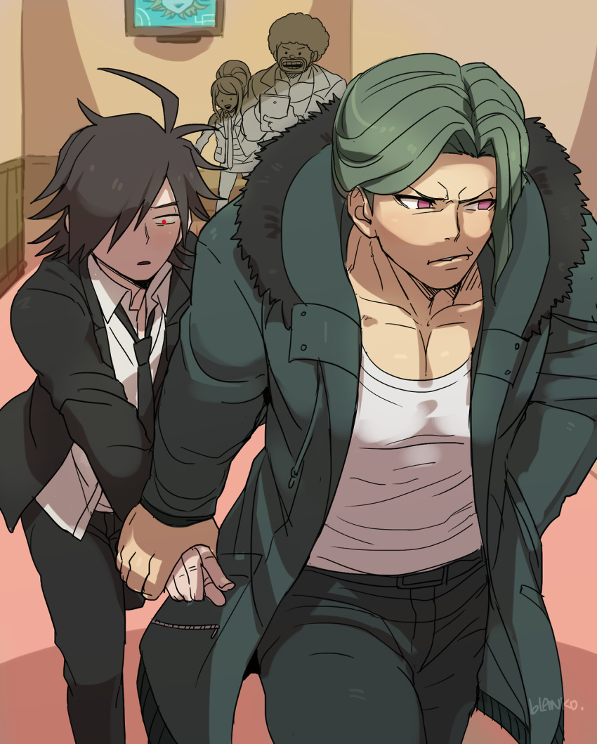 3boys afro alter_ego asahina_aoi bandai_daisaku black_hair black_neckwear black_pants blanko! constricted_pupils danganronpa danganronpa_3 danganronpa_gaiden:_killer_killer dress_shirt formal fur_trim green_coat green_hair highres hijirihara_takumi holding_hands looking_away multiple_boys necktie pants pectorals pink_eyes red_eyes sakakura_juuzou shirt suit tank_top walking white_shirt