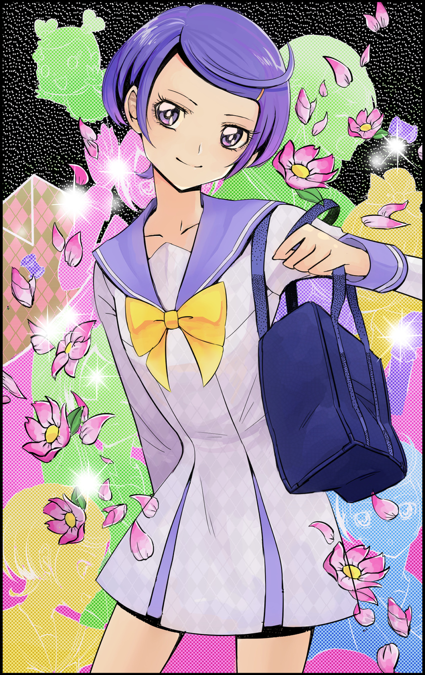 ai-chan_(dokidoki!_precure) bad_id bad_pixiv_id bag blue_sailor_collar commentary_request dokidoki!_precure dress eyelashes female flower hair_ornament hairclip highres kenzaki_makoto marie_ange multiple_views naokado oogai_daiichi_middle_school_uniform petals precure projected_inset purple_eyes purple_hair sailor_collar sailor_dress school_bag school_uniform short_hair smile