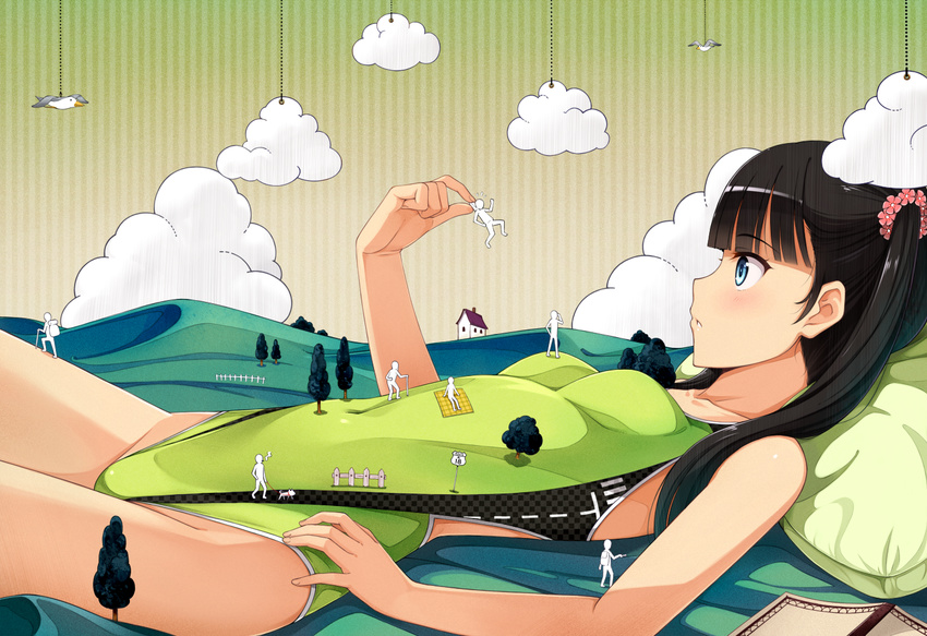 bird black_hair blue_eyes blunt_bangs blush book breasts cloud commentary competition_swimsuit covered_navel female fence flower giant giantess green_one-piece_swimsuit hair_flower hair_ornament hand_on_own_hip highleg highleg_swimsuit hill house long_hair lying on_back one-piece_swimsuit open_mouth original pillow props revision rubber_band scenery skin_tight small_breasts swimsuit tree twintails yokaze_japan