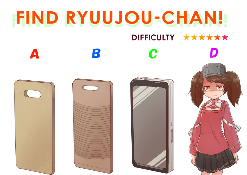 10s absurdres brown_eyes brown_hair cellphone comparison cutting_board empty_eyes expressionless female female flat_chest hard_translated highres japanese_clothes kantai_collection kariginu long_hair looking_at_viewer okuva phone pleated_skirt ryuujou_(kantai_collection) shaded_face simple_background skirt smartphone solo translated twintails visor_cap washboard white_background