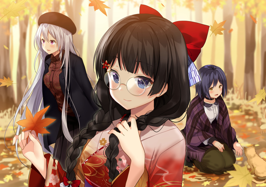 3girls :d animal autumn_leaves beret black_coat black_hair black_hat black_skirt blurry blurry_background blush bow braid breasts brown_eyes brown_shirt closed_mouth coat collared_shirt commentary_request day depth_of_field dress_shirt feline floral_print fringe_trim glasses gradient_kimono green_skirt grey_hair hair_between_eyes hair_down hairbow hands_up hat higuchi_kaede higuchi_kaede_(4th_costume) holding holding_leaf japanese_clothes kimono kneeling kurot leaf long_hair long_sleeves low_twintails maple_leaf mole mole_under_eye multiple_girls nijisanji open_clothes open_coat open_mouth outdoors plaid pleated_skirt print_kimono print_shirt purple_eyes purple_hair red_bow red_kimono round_eyewear shawl shirt shizuka_rin shizuka_rin_(4th_costume) skirt small_breasts smile standing tree tsukino_mito tsukino_mito_(4th_costume) twin_braids twintails very_long_hair virtual_youtuber white_shirt wide_sleeves