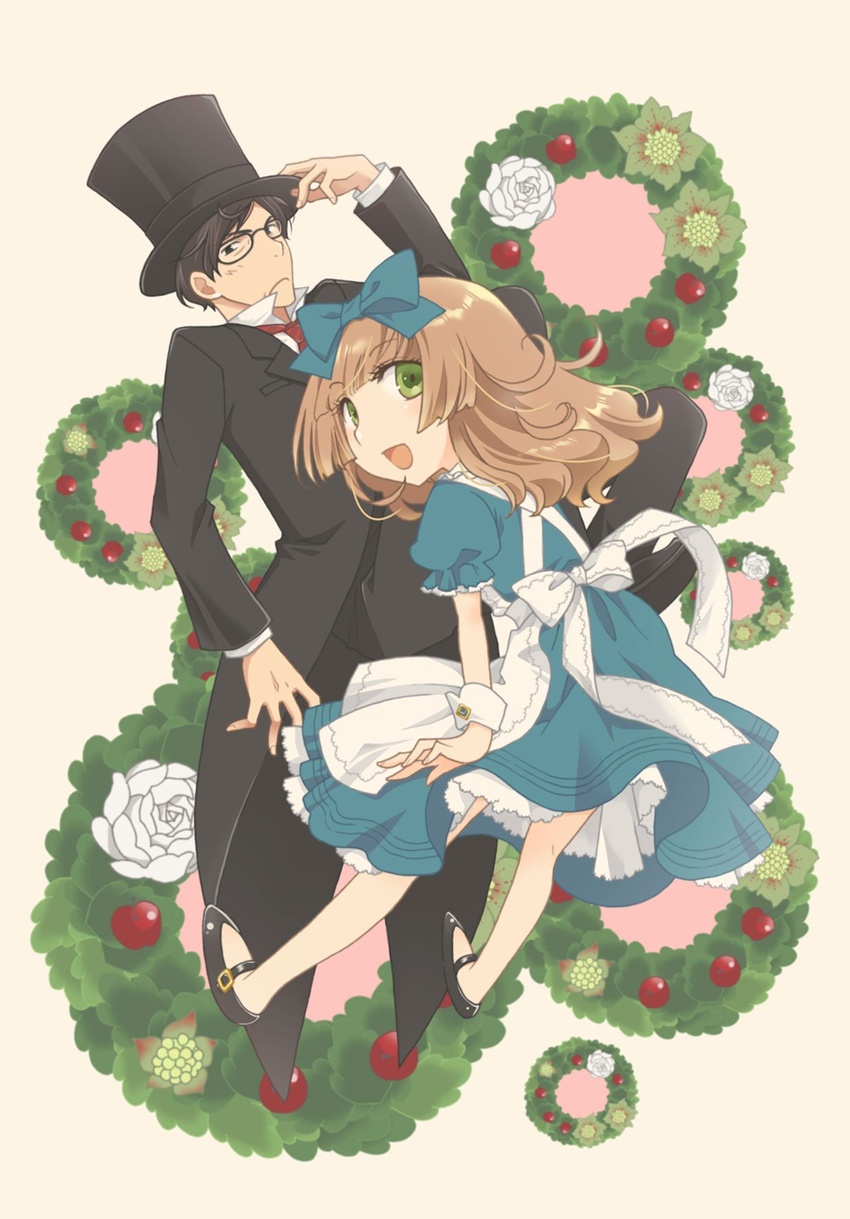 1boy alice_(alice_in_wonderland) alice_(alice_in_wonderland)_(cosplay) alternate_costume apron bad_id bad_twitter_id blue_dress blunt_bangs bow brown_eyes brown_hair commentary_request cosplay dress female formal frilled_apron frilled_dress frilled_sleeves frills glasses green_eyes hairbow hat height_difference highres kinoshita_sakura koisuru_ojou-sama_wa_papa_to_yobitakunai lolicon long_hair mary_janes official_art puffy_short_sleeves puffy_sleeves sakaki_karen shoes short_hair short_sleeves smile suit top_hat wrist_cuffs yahiro_masamune