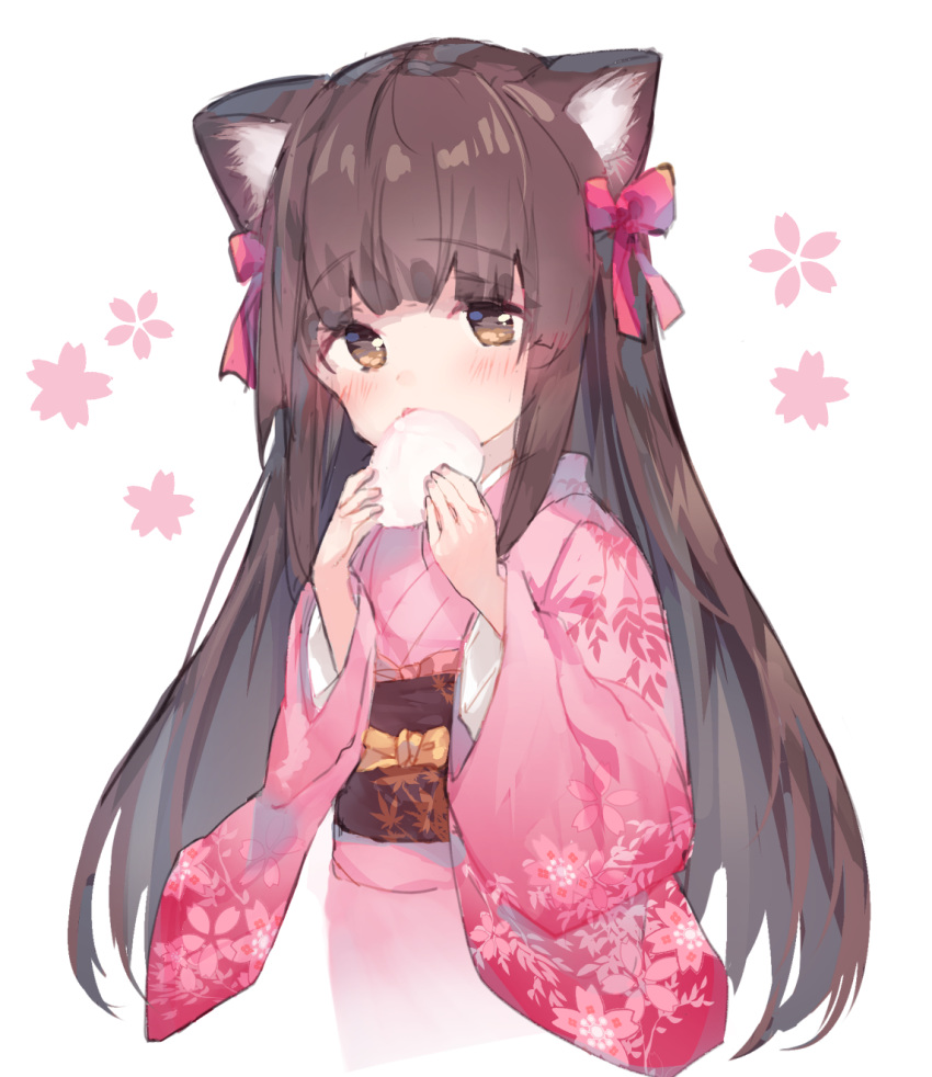 animal_ears baozi blush bow brown_eyes brown_hair commentary_request female fingernails floral_print food fox_ears hairbow highres holding holding_food japanese_clothes kimono konohana_kitan long_hair long_sleeves makiaato obi pink_kimono print_kimono red_bow sakura_(konohana_kitan) sash simple_background solo very_long_hair white_background wide_sleeves