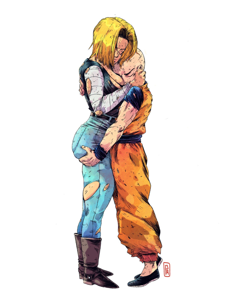 1boy android_18 ass ass_grab ass_support bald between_breasts black_footwear blonde_hair boots breast_smother breasts brown_footwear closed_eyes commentary couple cowboy_boots denim dirty dirty_clothes dougi dragon_ball dragon_ball_z english_commentary face_to_breasts female flats french_commentary head_between_breasts height_difference highres hug jeans kuririn medium_breasts mixed-language_commentary no_bra pants parted_hair prince_rours straight tall_female tiptoes torn_clothes torn_jeans torn_pants torn_sleeves