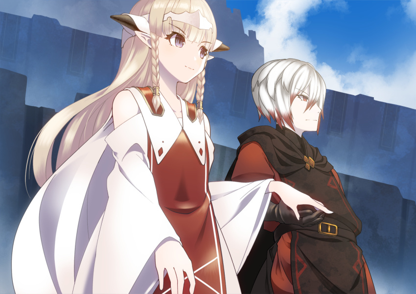 1boy aroha_j black_gloves blonde_hair blue_eyes blunt_bangs braid commentary_request day detached_sleeves ezel_the_king_of_fire_and_iron falia_the_queen_of_the_mountains female gloves hair_between_eyes long_hair looking_at_viewer multicolored_hair outdoors pixiv_fantasia pixiv_fantasia_last_saga pointy_ears red_eyes red_hair standing twin_braids white_hair wide_sleeves