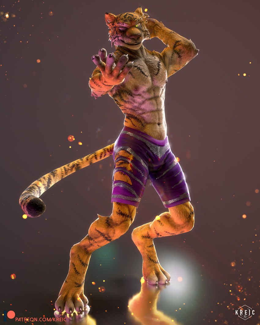 2020 3d_(artwork) 4:5 absurd_res bottomwear claws clothing digital_media_(artwork) digitigrade disney felid grin hi_res kreic looking_at_viewer male mammal muscular muscular_male pantherine shorts smile solo text tiger url zootopia zootopia_shorts