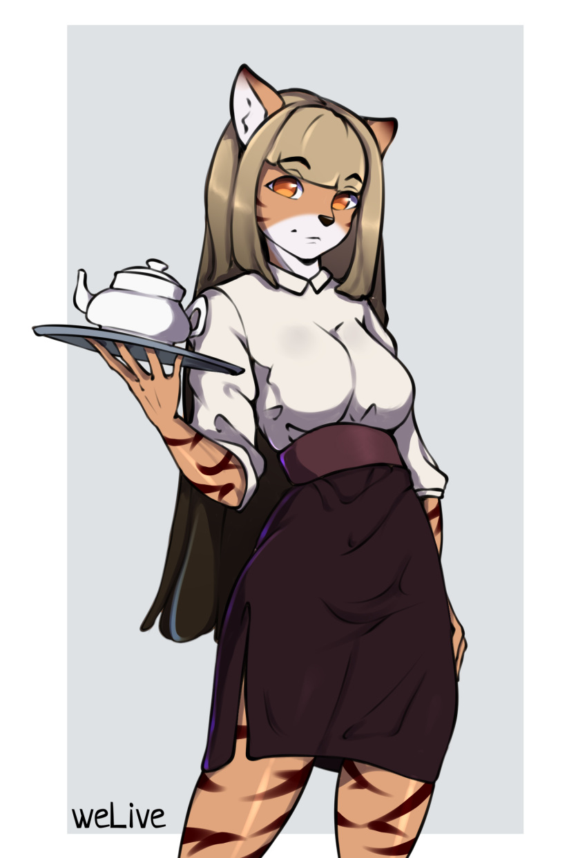 anthro bottomwear clothing costume felid feline female hi_res holding_object mammal pinup pose serving serving_beverage shirt skirt smile solo teapot topwear waiter waitress_uniform welive