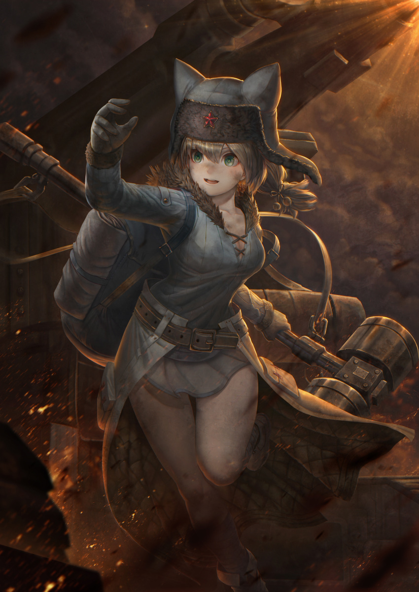 absurdres ash_arms b-4_(ash_arms) backpack bag belt blonde_hair boots breasts cleavage dust female fur_hat gloves green_eyes hair_between_eyes hammer hat highres leg_up low_twintails open_mouth photoshop_(medium) red_star sgt_lonely short_twintails sledgehammer solo star_(symbol) twintails ushanka weapon