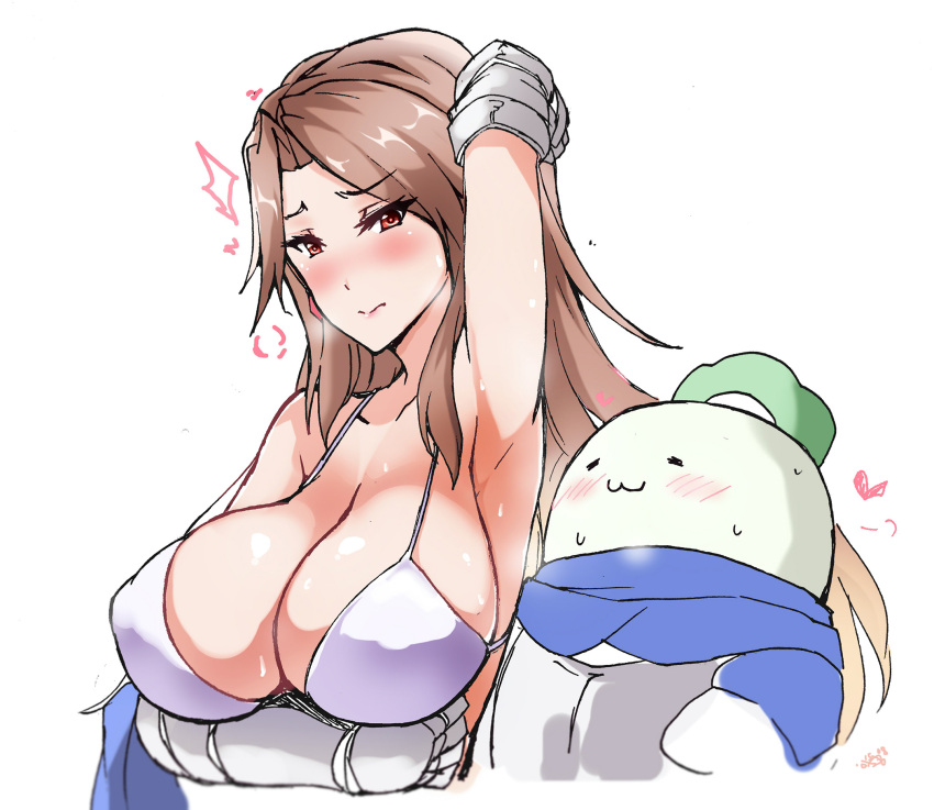 :3 arm_behind_head arm_up armor armpits bikini blue_hoodie blush bolobolo breast_hold breasts brown_hair closed_eyes female gauntlets granblue_fantasy heart highres hood hoodie katalina_(granblue_fantasy) large_breasts mature_female presenting_armpit smelling swimsuit white_bikini