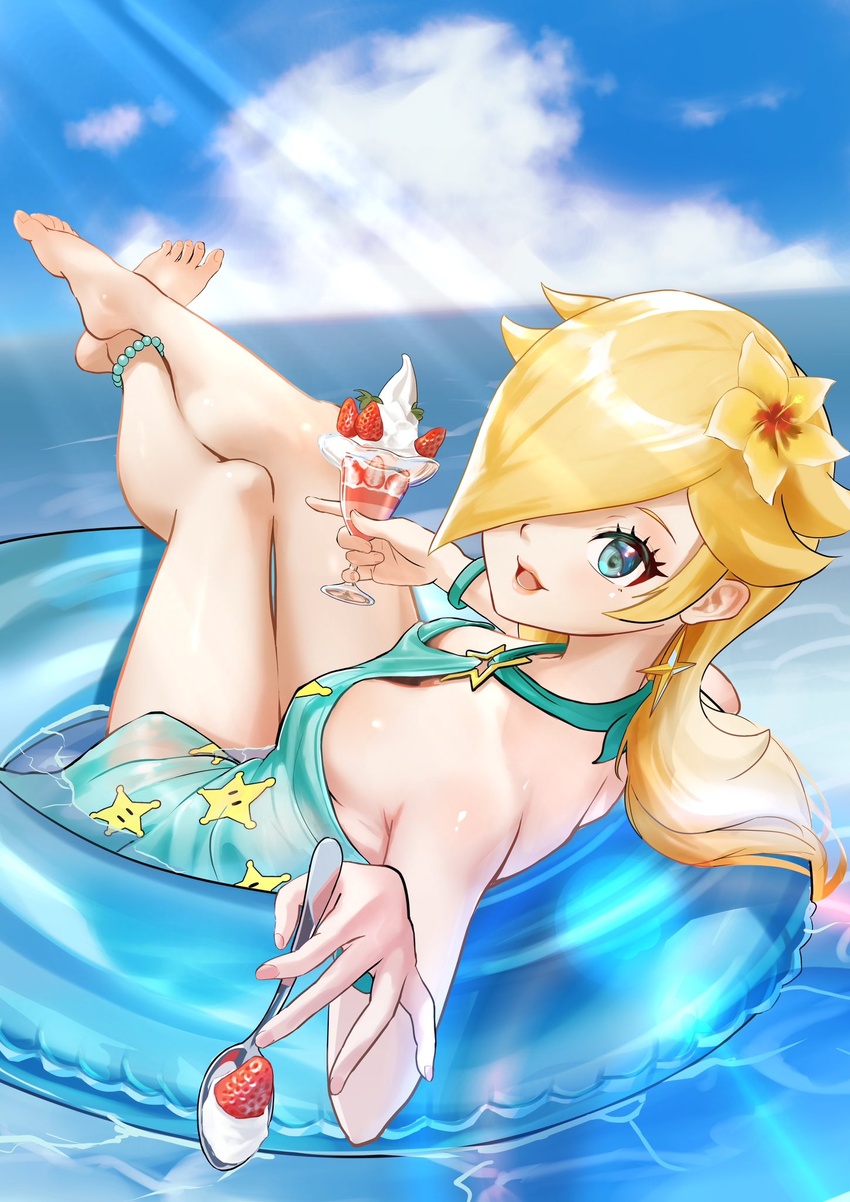 armpit_crease bare_arms bare_legs bare_shoulders barefoot bead_anklet blonde_hair blue_eyes breasts cleavage crossed_legs dress_swimsuit earrings feet female flower food fruit hair_flower hair_ornament hair_over_one_eye halterneck highres jewelry kurere1202 large_breasts legs long_hair mario_(series) mario_kart mario_kart_tour official_alternate_costume one_eye_covered print_swimsuit rosalina rosalina_(swimwear) star_(symbol) star_earrings star_print strawberry swimsuit toenails toes