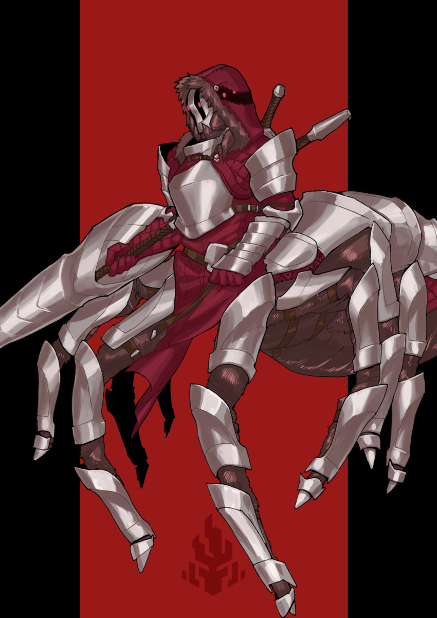 1boy arachne_boy armor arthropod_boy clenched_hand commentary_request gloves hachikyaku_rozunieru highres holding holding_polearm holding_weapon lance male_focus masago_shirou monster_boy pixiv_fantasia pixiv_fantasia_last_saga polearm simple_background spider_boy standing sword taur weapon