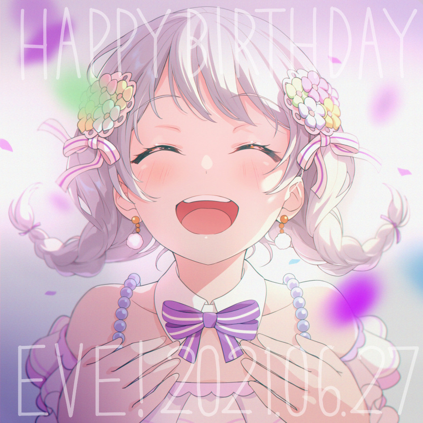 :d ^_^ absurdres bang_dream! bare_shoulders blurry blurry_background blush bow bowtie braid closed_eyes dated detached_collar dress earrings female flower frilled_dress frills hair_flower hair_ornament hands_on_own_chest happy_birthday highres jewelry low_twintails neck_ribbon nobusawa_osamu open_mouth petals portrait purple_bow purple_bowtie purple_ribbon ribbon short_twintails smile solo strap swept_bangs teeth twin_braids twintails upper_teeth_only wakamiya_eve white_hair