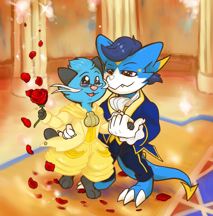 ball ballroom bandai_namco beast_(disney) beauty_and_the_beast belle_(beauty_and_the_beast) chicostyx dancing dewott digimon digimon_(species) disney dragon dressed_up duo flower generation_5_pokemon hall hi_res kai_the_dewott male mythological_creature mythological_scalie mythology nintendo plant pokemon pokemon_(species) reptile rose_(flower) scalie tail veemon yami_the_veemon