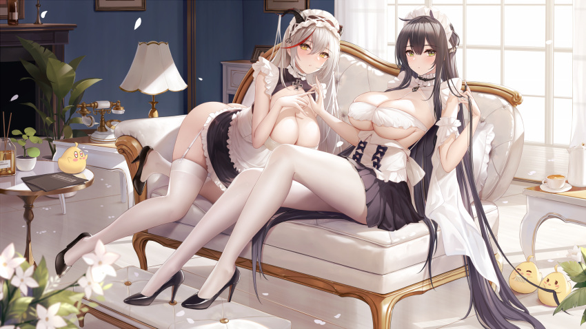 2girls aegir_(azur_lane) aegir_(iron_blood's_dragon_maid)_(azur_lane) alexiel_(pixiv6211566) ass azur_lane black_dress black_footwear black_hair black_skirt breasts cleavage couch crossed_arms cup detached_collar dress garter_straps grey_hair high_heels highres holding_hands horns indomitable_(azur_lane) indomitable_(ms._motivationless_maid)_(azur_lane) indoors lamp large_breasts long_hair looking_at_viewer maid maid_headdress manjuu_(azur_lane) md5_mismatch miniskirt multicolored_hair multiple_girls no_panties official_alternate_costume plant potted_plant red_hair resolution_mismatch shoes sitting skirt source_larger streaked_hair teacup thighhighs thighs very_long_hair white_thighhighs yellow_eyes