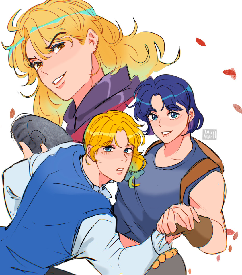 1boy 2girls 7aizagatha backpack bag blonde_hair blue_eyes blue_hair breasts dio_brando erina_pendleton evil_smile genderswap_(ftm) genderswap_(mtf) gloves highres holding holding_hands jojo_no_kimyou_na_bouken jonathan_joestar long_hair looking_at_viewer midriff multiple_girls phantom_blood rule_63 short_hair smile stone_mask_(jojo) straight sweater_vest yellow_eyes