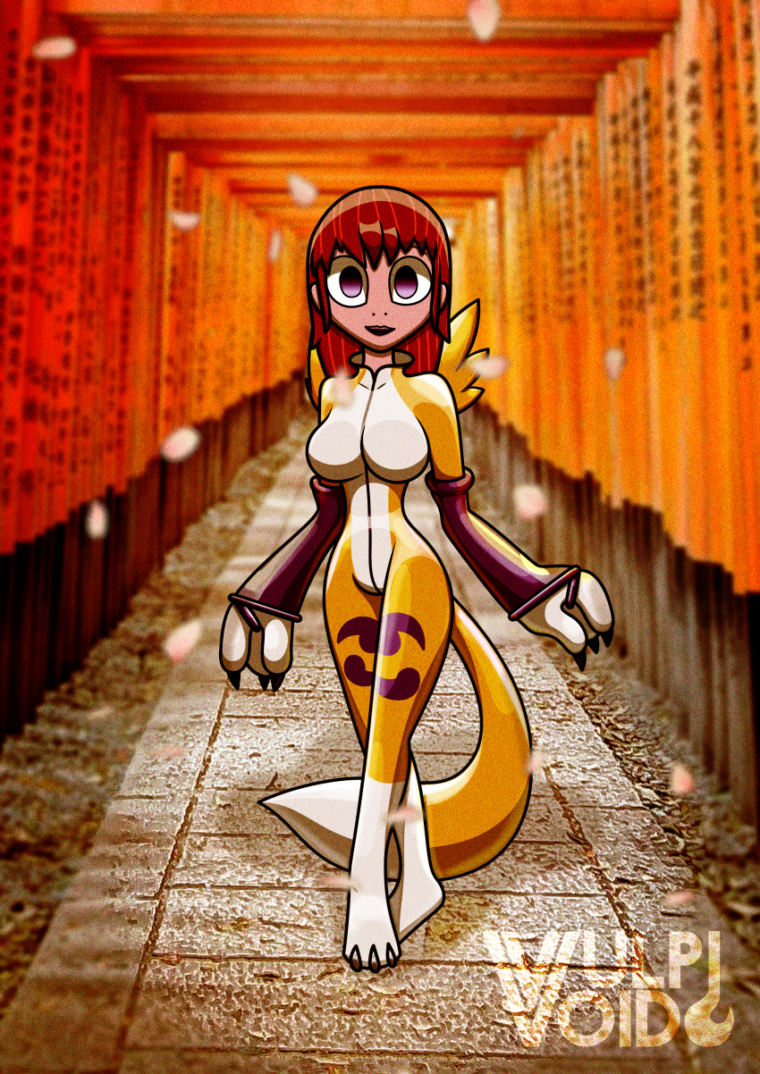 absurd_res bandai_namco clothing digimon digimon_(species) english_text female hair hi_res human latex latex_clothing latex_skinsuit mammal photo_shoot red_hair renamon rika_nonaka rosvo rubber_clothing shrine skinsuit suit temple text tight_clothing unmasked vulpivoid