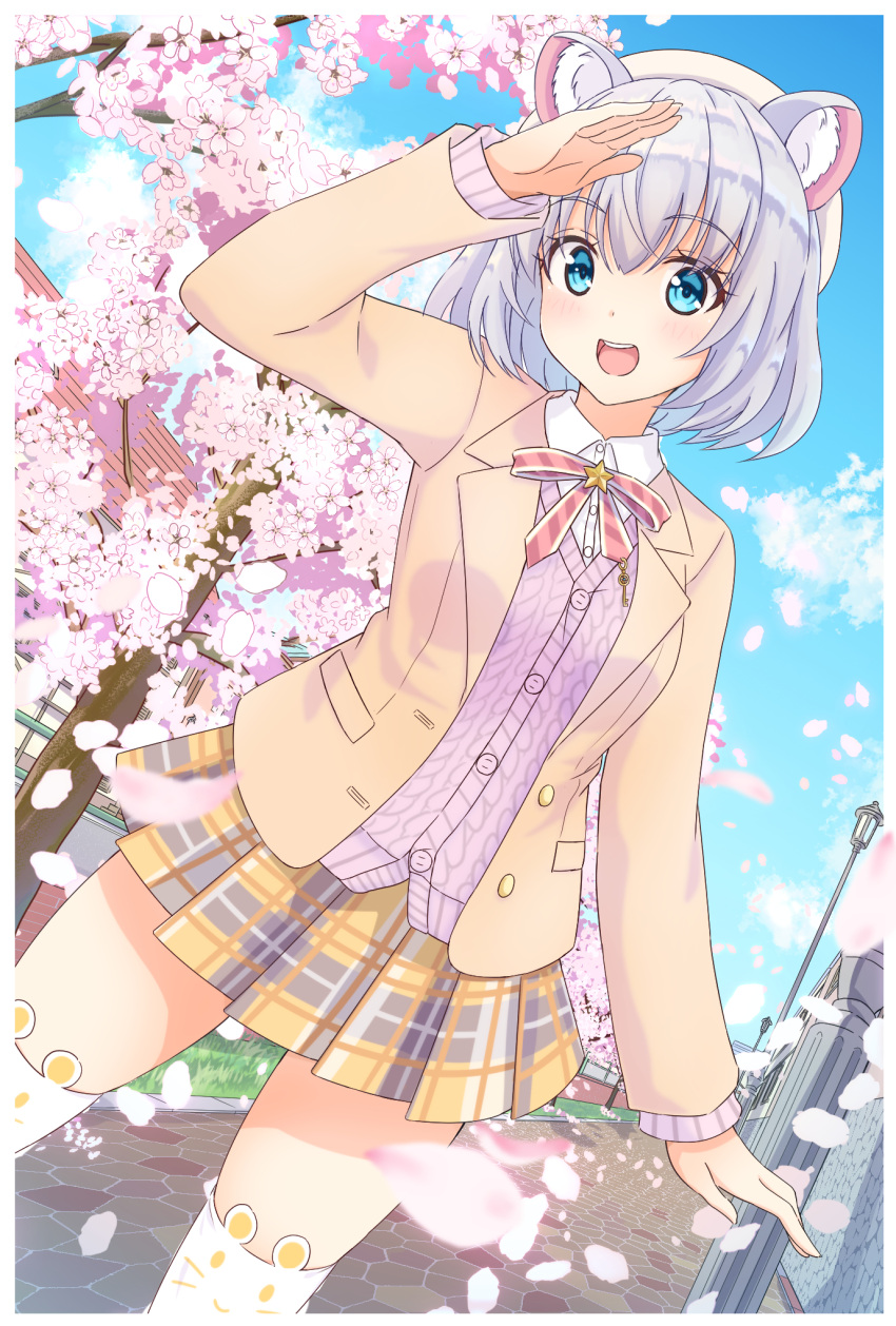 :d animal_ear_fluff animal_ear_legwear animal_ears arm_up beret blazer blue_eyes breasts brown_jacket building cardigan collared_shirt commentary day dress_shirt dutch_angle female flower grey_hair hat highres hoshimi_(virtuareal) jacket lamppost long_sleeves looking_at_viewer medium_breasts nijisanji open_clothes open_jacket open_mouth outdoors petals pink_flower plaid plaid_skirt pleated_skirt purple_cardigan school_uniform shirt skirt smile solo thighhighs tree virtual_youtuber virtuareal wall white_hat white_shirt white_thighhighs x-6 yellow_skirt